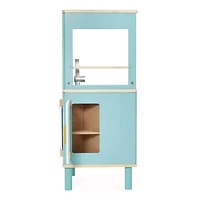 Janod - Cuisine Trio en Bois - Cuisine Compacte à 3 Faces - Jouet de Cuisine et Service à Thé d'Imitation - Style Rétro - 5 Ustensiles en Métal Inclus - Peintures à Base d'Eau - À partir de 3 Ans +