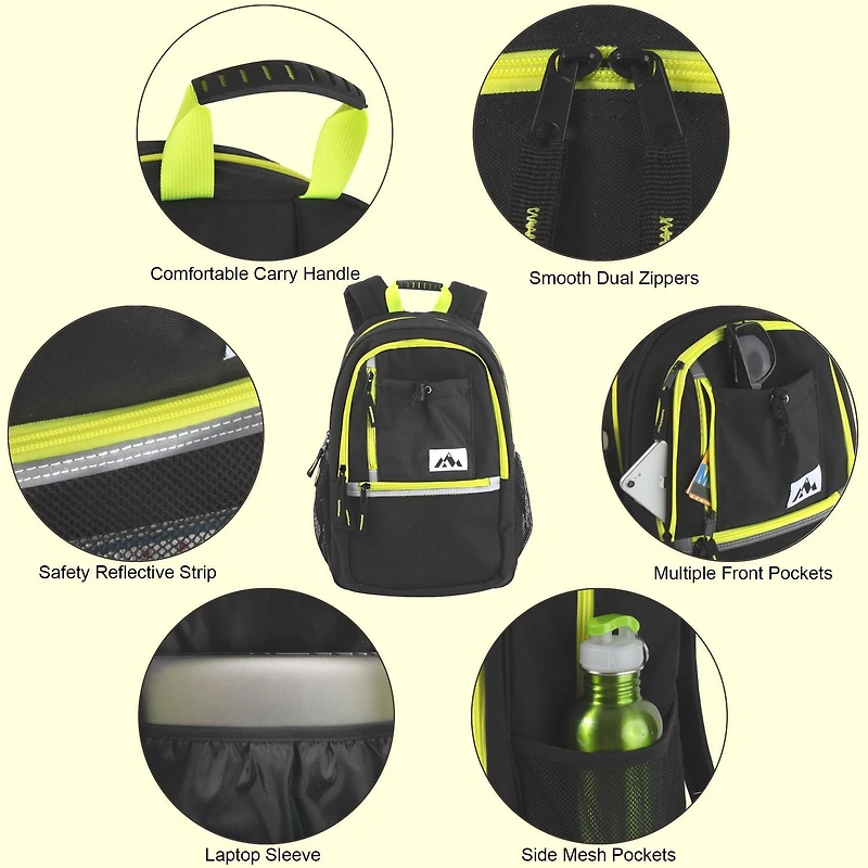 Trail Maker Multi-Pocket Backpack with Front Mesh Zipper Pocket, Side Mesh Pockets, Padded Laptop Pocket, Rubber Grip Handle & Reflective Trim for Travel, Commute, School & Gym in Black & Neon Green