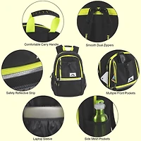 Trail Maker Multi-Pocket Backpack with Front Mesh Zipper Pocket, Side Mesh Pockets, Padded Laptop Pocket, Rubber Grip Handle & Reflective Trim for Travel, Commute, School & Gym in Black & Neon Green
