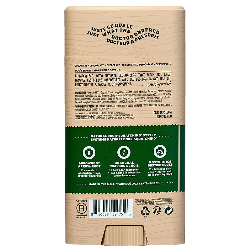 Déodorant naturel pour hommes Dr. Squatch - Anti-odeurs sans aluminium - Pine Tar - 75 g