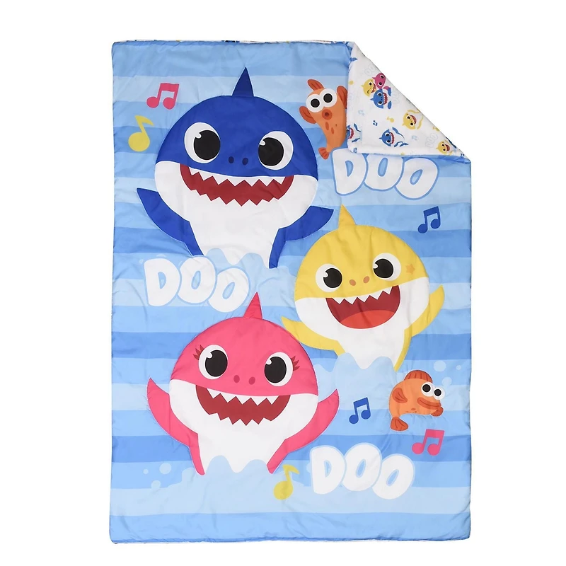 Baby Shark 3 Piece Toddler Bedding Set with Reversible Comforter, Fitted Sheet and Pillowcase