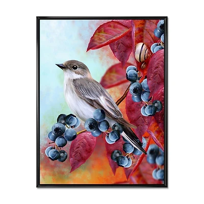 Designart Petit oiseau gris sur l'automne rouge sur la brindille de myrtille ART MURAL À CADRE FLOTTÉ