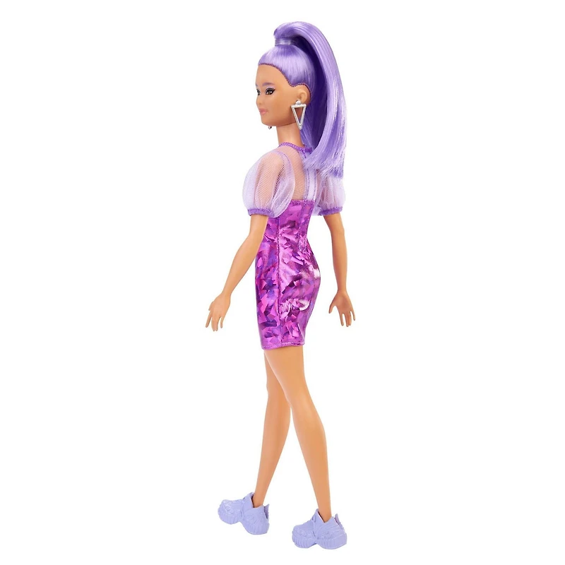 Barbie Fashionistas Doll #178, Petite, Long Purple Hair & Purple Metallic Dress, Sheer Bodice & Sleeves, Purple Sneakers, 3 to 8 Years Old