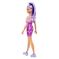 Barbie Fashionistas Doll #178, Petite, Long Purple Hair & Purple Metallic Dress, Sheer Bodice & Sleeves, Purple Sneakers, 3 to 8 Years Old