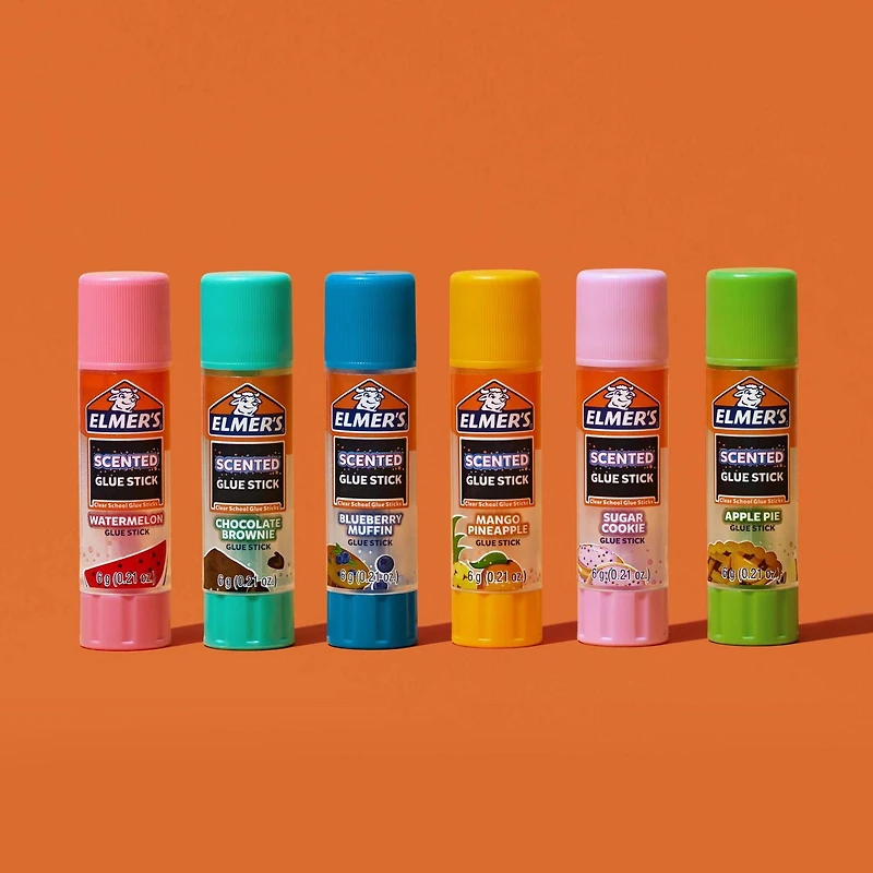Bâtons de colle parfumés d'Elmer's, paquet varié, comprends bâtons de colle violette disparaissant, colle scolaire sûre et non toxique 12 pièces (6 g par pièce)