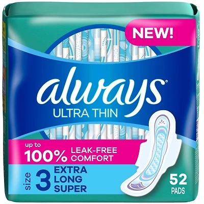 Serviettes féminines Always Ultra minces, extra longues, degré d’absorption super, avec ailes, pour femmes, taille3, non parfumées, 52serviettes 52CT