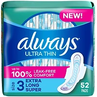 Serviettes féminines Always Ultra minces, extra longues, degré d’absorption super, avec ailes, pour femmes, taille3, non parfumées, 52serviettes 52CT