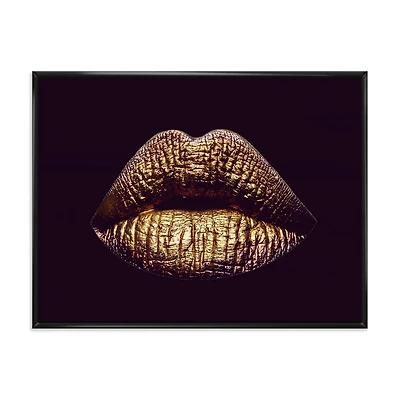 Designart Sexy Golden Metallized Female Lips II FLOAT FRAME WALL ART
