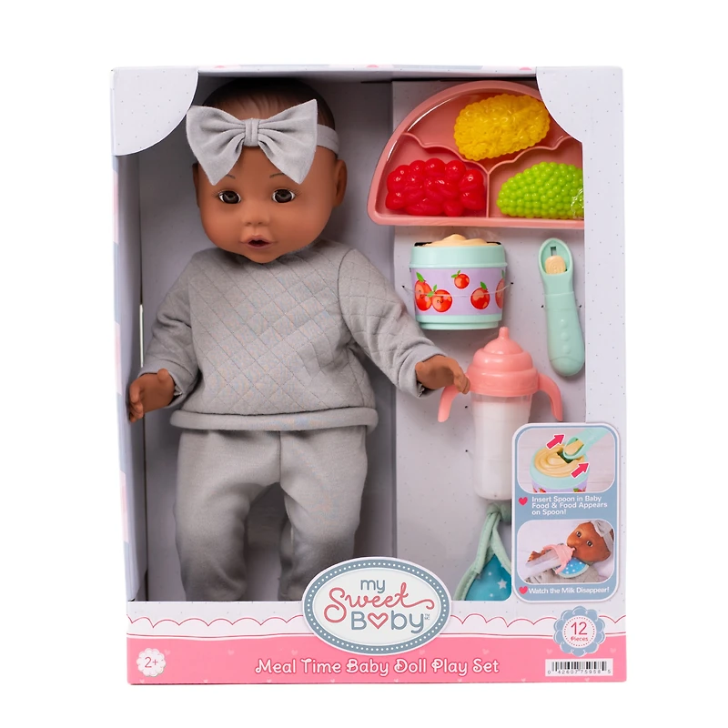 My Sweet Baby – Ensemble Repas avec Poupée Bébé 14 pouces, Tenue Grise, 12 Pièces