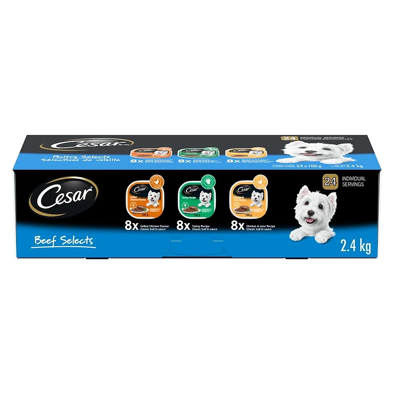 Nourriture humide pour chiens adultes CESAR pain classique en sauce Sélections de volaille - format variété 24x100g