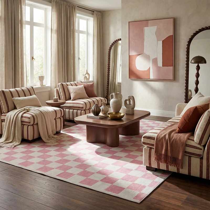 Tapis de surface Géométrique Rug Branch Metro Checkered Blush 8' x 11' (Taille exacte: 7'7" 10'10") Rose Contemporain - Living Room, Bedroom, Dining and Kitchen