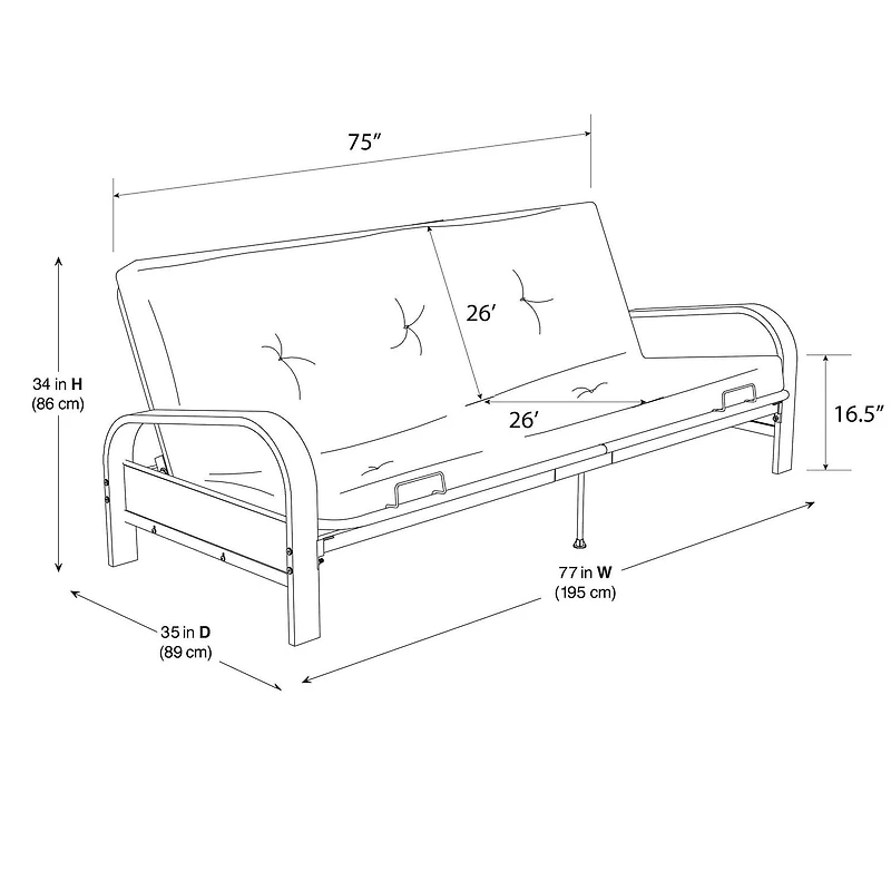 Cadre de futon à bras en métal noir de Mainstays avec couvre-matelas et fixations de 6 po Futon avec matelas