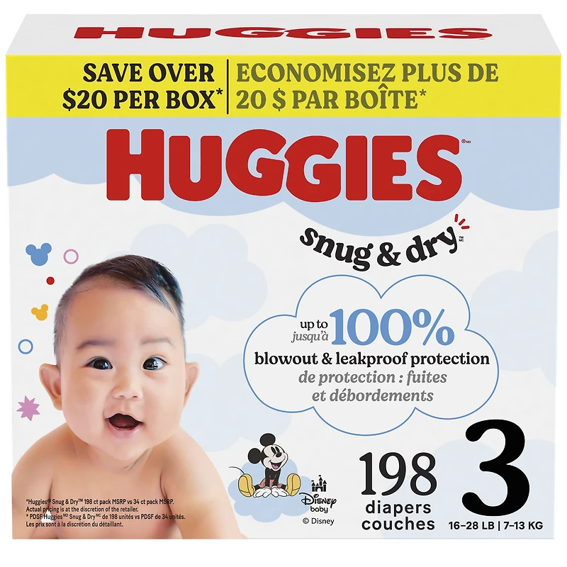 Couches Huggies Snug & Dry pour bébé, taille 3 (16 à 28 lb), 198 unités S&D UVP