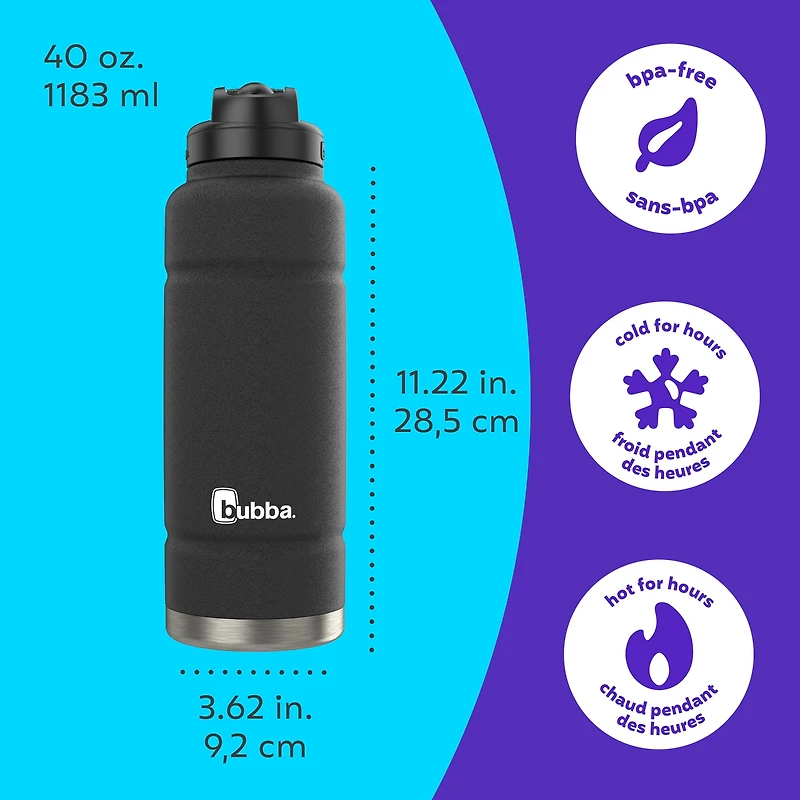 bubba Trailblazer Stainless Steel Water Bottle with Straw Lid, 40 oz (1.18 L), Vacuum-Insulated, Straw Lid, Licorice, 1 Pack