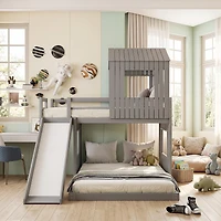Homy Casa Twin Over Full Bunk Bed, 89" Wood House Bed with Slide, Guardrails & Slats for Kids Bedroom, Gray
