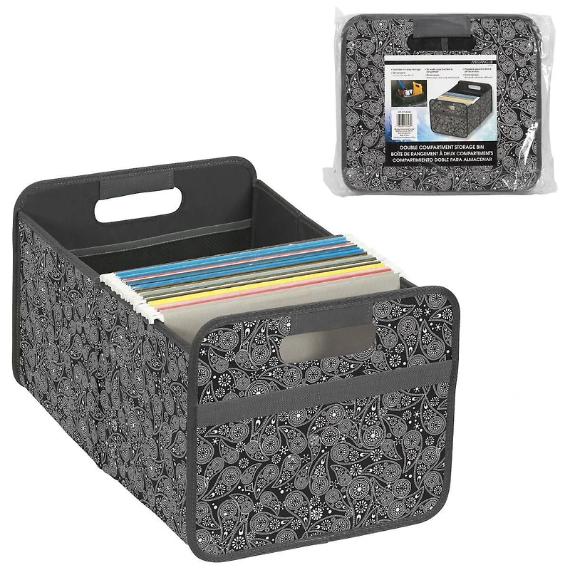 Bac de rangement pliable à 2 compartiments, noir et blanc Paisley