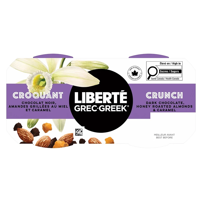 Liberte Greek 2% Vanilla Bean Yogurt Crunch Cups with Dark Chocolate, Salted Almonds, and Caramel Toppings, 2x130g