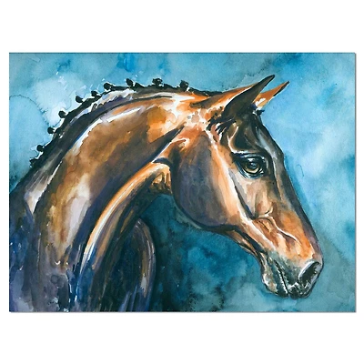 Design Art Cheval Brun Sur Bleu Aquarelle Art Sur Toile