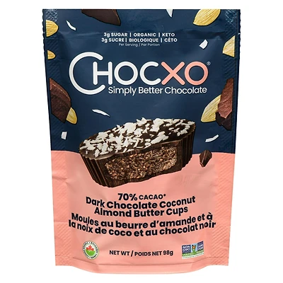 Chocxo Organic Dark Chocolate Coconut Almond Butter Cups, 70% Cocao