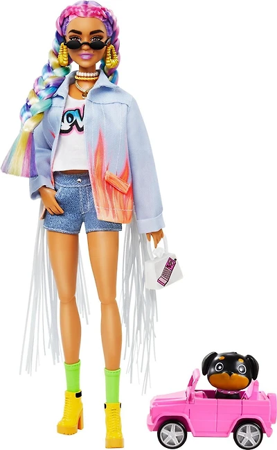Barbie Extra Doll #5 in Long-Fringe Denim Jacket with Pet Puppy, Rainbow Braids, Layered Outfit & Accessories Including Car for Pet, Multiple Flexible Joints, Gift for Kids 3 Years Old & Up