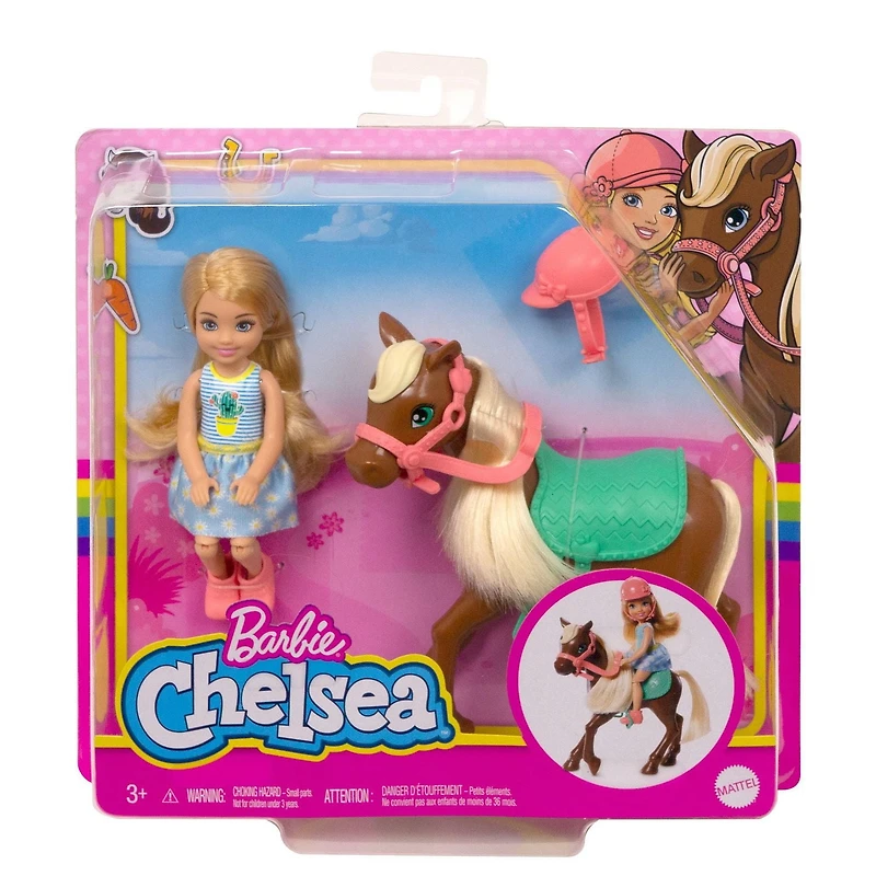Poupée Barbie Club Chelsea et Cheval, blonde de 15 cm (6 po), vêtue d’une tenue et d’accessoires, cadeau pour les 3 à 7 ans