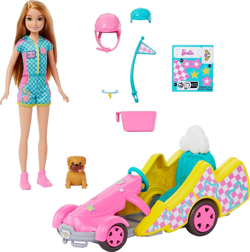 Barbie-Poupée Stacie Karting, avec kart, chien et accessoires