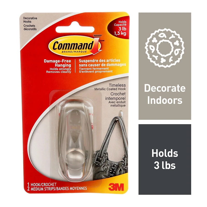 Crochets décoratifs intemporel Command(MC) 17061BN-C, Moyen 1 Crochet, 2 Bandes, 3 livres