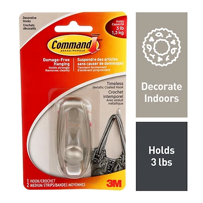 Crochets décoratifs intemporel Command(MC) 17061BN-C, Moyen 1 Crochet, 2 Bandes, 3 livres