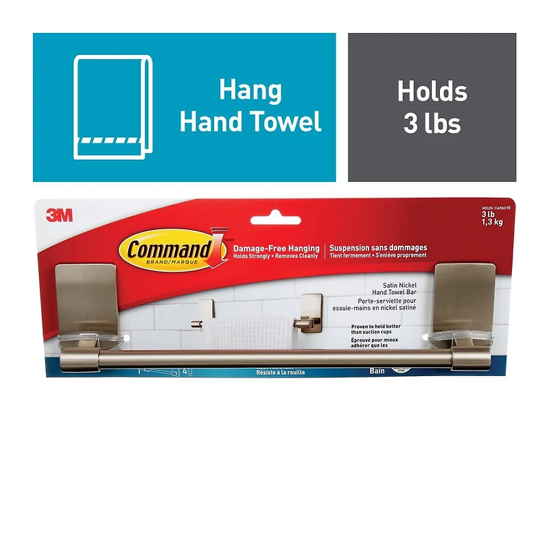 Command™ Bath Hand Towel Bar BATH41-SN-EF, Satin Nickel, 3 lbs (1.4 kg)