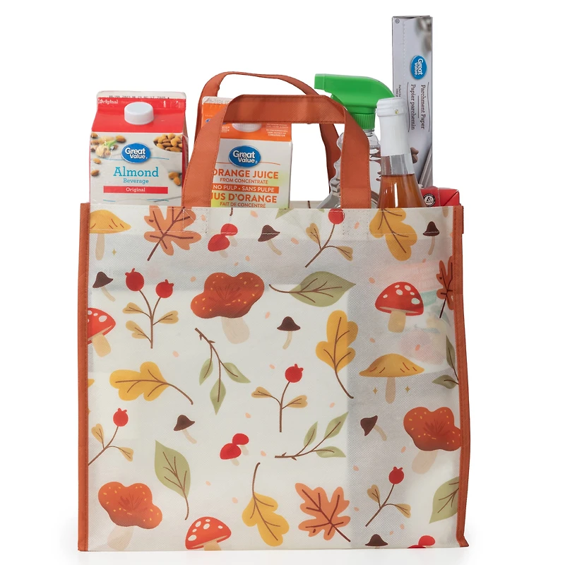 Reusable Shopping Grocery Bag, Seasonal Fall Tote Bag with Bottle Holder, Orange