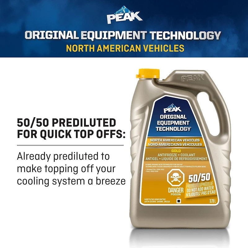 PEAK® OET Extended Life Gold 50/50 Pre-Diluted Coolant /Antifreeze for North American Vehicles, 3.78 Liters, PEAK OET AFC 50/50 N.A. Gold
