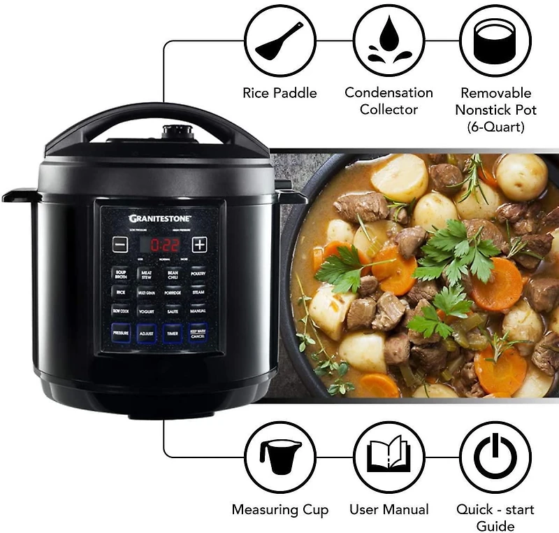 GraniteStone Diamond 12-in-1 Multicooker with LED Display, Electric Pressure Cooker, Slow Cooker, Rice Cooker, Steamer, Saute, Yogurt Maker and Warmer, 6 Quart, 12 Pre-Set Functions