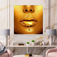 Designart Gold Paint Drips From Sexy Woman Lips FLOAT FRAME WALL ART
