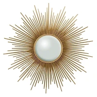 Miroir Sun en or – Miroir mural rayonnant avec cadre en métal complexe dans une finition dorée brillante, parfait pour ajouter une touche luxueuse et accrocheuse à n'importe quelle pièce
