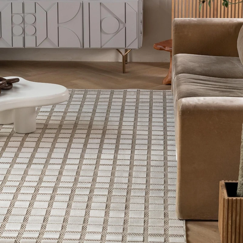 Rug Branch Maise Checkered Indoor Outdoor Area Rug, Beige Cream, Modern - Entryway, Hallway, Bathroom, and Kitchen