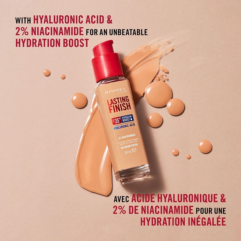 Rimmel Lasting Finish 35 Hour Fond de teint, longue tenue, hydratant, formule végétalienne, couvrance totale Une tenue allant jusqu'à 35 h