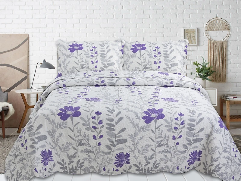 Marina Decoration Rich Printed Stitching Coverlet Bedspread Ultra Soft Summer Bedding Quilt Set with Quilted Sham, Modern Purple Floral Pattern