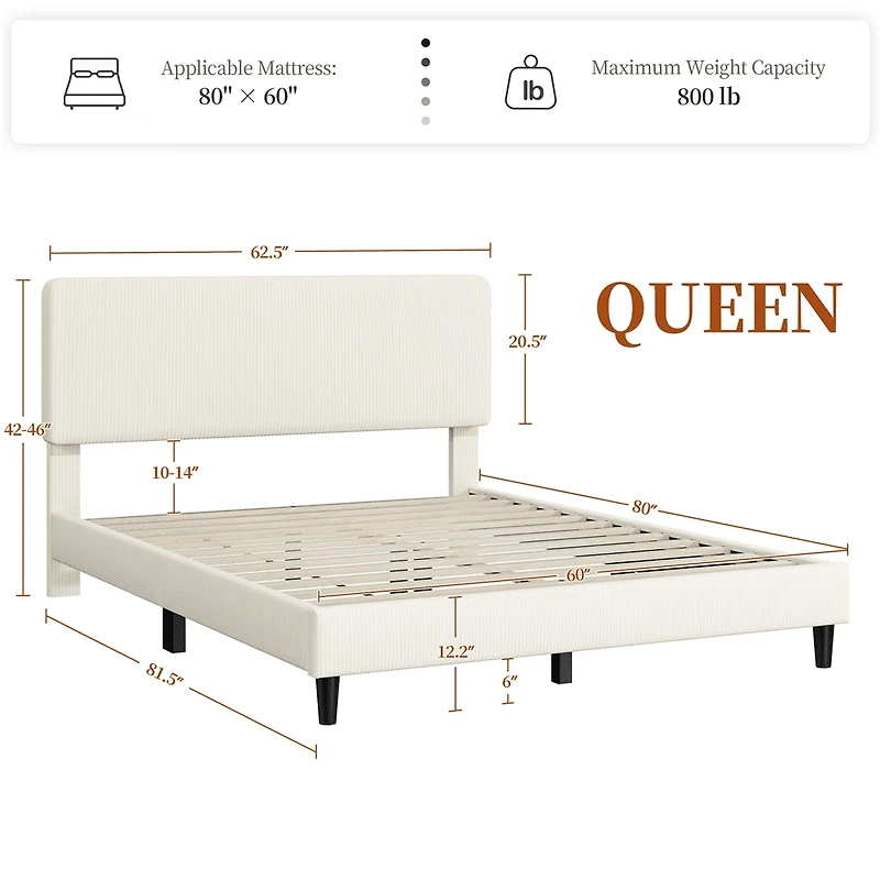 Fullfurnique Cadre de Lit Capitonné avec Tête de Lit Réglable et Lattes en Bois, Queen, Beige