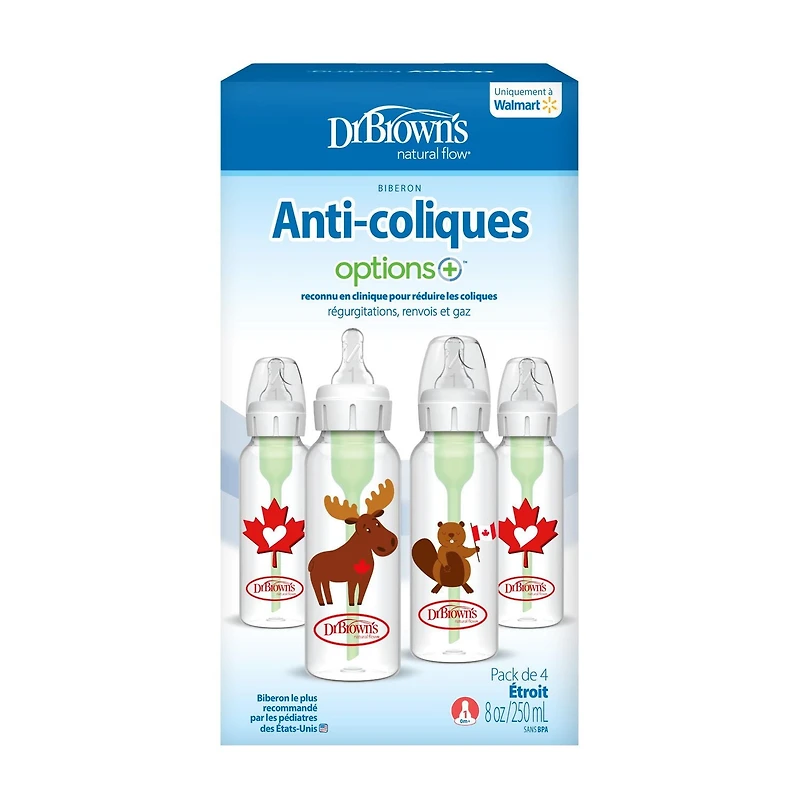 Dr. Brown's Anti-Colic Options+ Narrow Baby Bottle, 8oz / 250mL, Level 1 Slow Flow, Moose / Beaver, 0m+, 4 pack, 8 oz, 4 pack