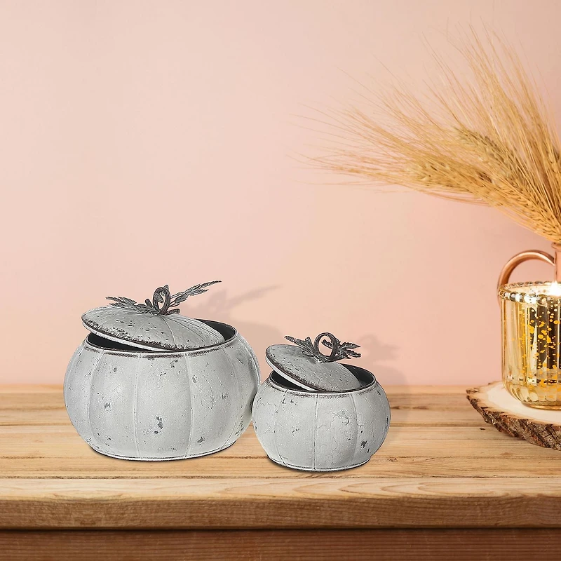 Pot De Citrouille Blanc En Métal Avec Couvercle, Lot De 2
