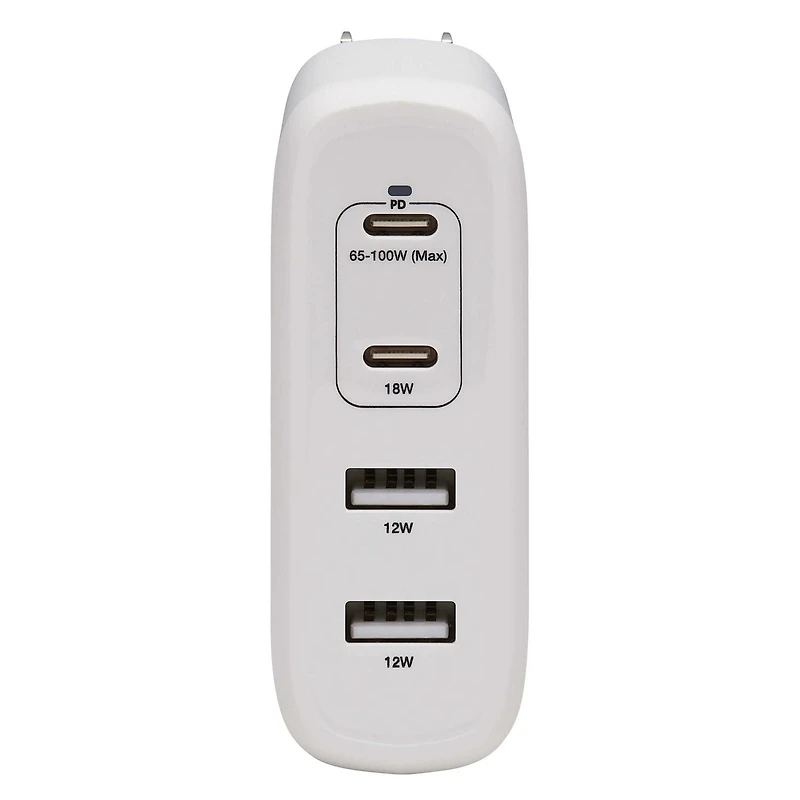 Tripp Lite 4-Port USB Wall Charger, 100W PD, GaN Tech, 2 USB-C & 2 USB-A Ports, White