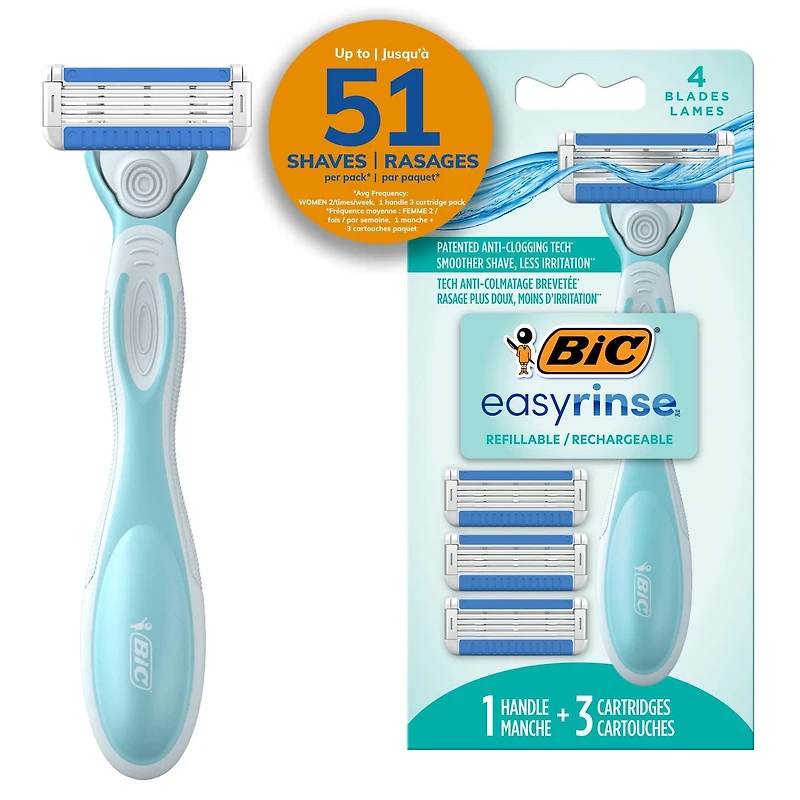Ensemble de rasoirs pour femmes rechargeables BIC EasyRinse anti-encrassement avec 4 lames, 1 manche de rasoir et 3 cartouches de recharge
