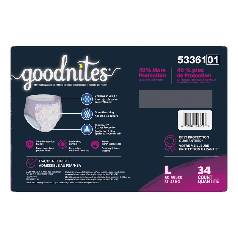 Goodnites Girls' Nighttime Bedwetting Underwear, Giga Pack, Size XS - XXL | 44-24 Count, Size XS - XXL | 44-24 Count