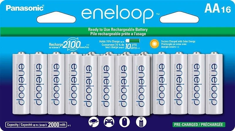 Panasonic Eneloop Piles rechargeables pré-chargées AA 2100 cycles Ni-MH, (Paquet de de 16)