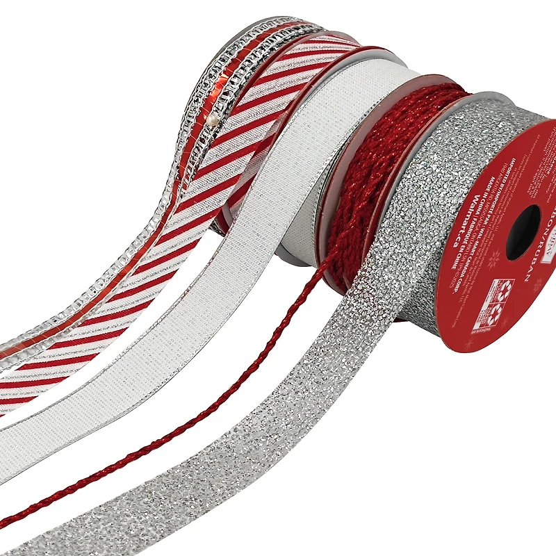 Holiday Time Assortiment de ruban de Noël en polyester rouge/argent, 5 Compte RED SILVER RBN SET - FRENCH