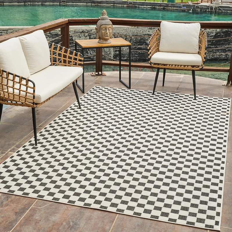 Tapis d'interieur et d'exterieur a carreaux Rug Branch Maise, noir et blanc, moderne - Entree, couloir, salle de bain et cuisine