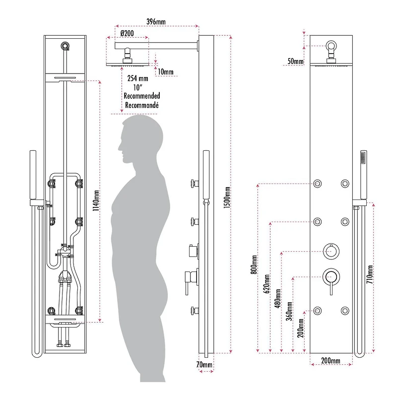 La colonne de douche ELIAS en aluminium d'akuaplus®  avec cartouche à pression balancée et déviateurs 3 voie a 6 jets de corps orientale plus, une douchette, et un pommeau douche.