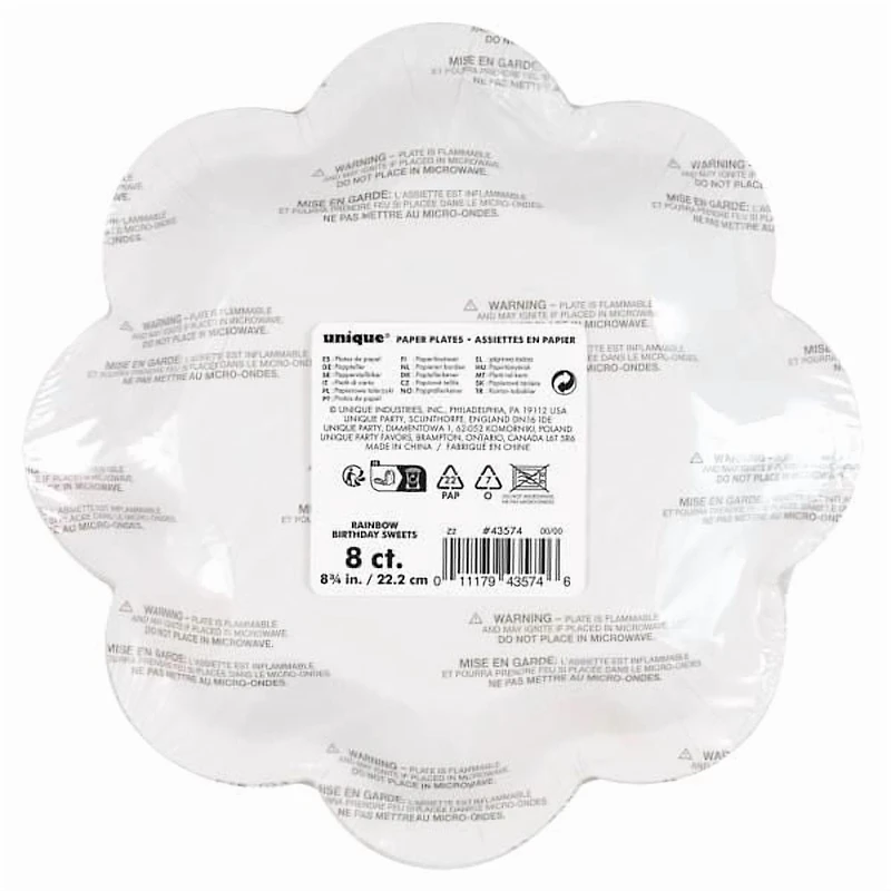 Rainbow Birthday Sweets Shaped-Edge 8.25" Paper Plates, 8ct Foil Stamped plates measure 22.2cm