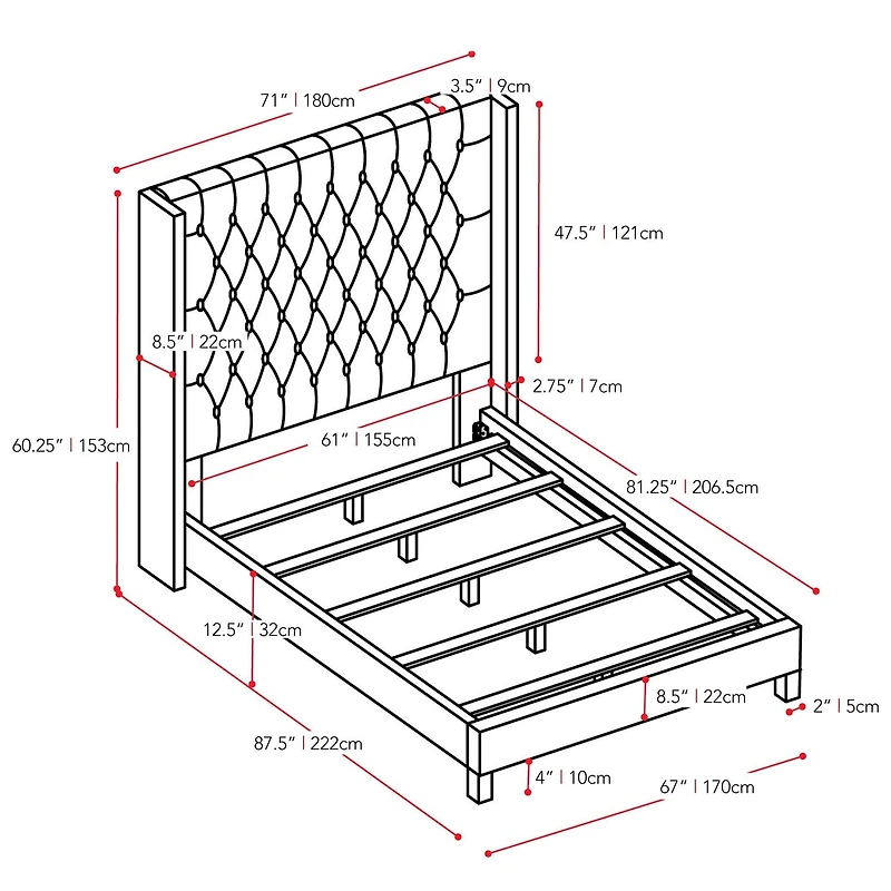 CorLiving Fairfield Upholstered Adult Queen Bed Frame with Tufted and Winged Headboard - Box Spring Required