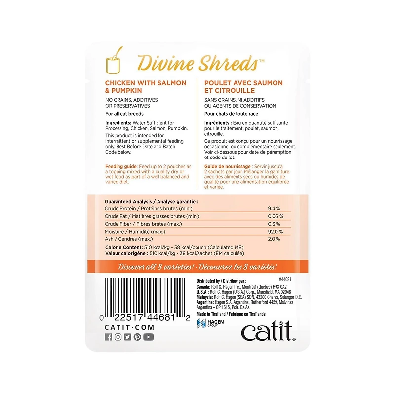 Garniture Divine Shreds pour chats, Poulet avec saumon et citrouille, 75 g